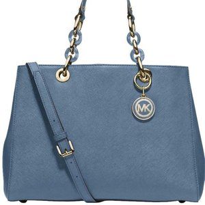 MICHAEL KORS MEDIUM CYNTHIA BLUE GOLD SAFFIANO LEATHER SATCHEL BAG PURSE NWT!